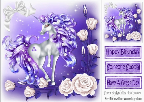 pretty fantasy purple unicorn with white roses 8x8
