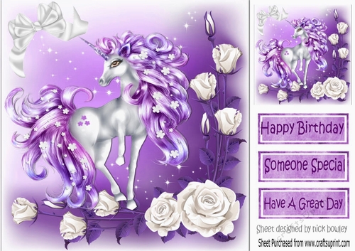 pretty fantasy lilac unicorn with white roses 8x8