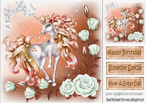 pretty fantasy peach unicorn with white roses 8x8