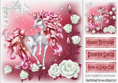 pretty fantasy pink unicorn with white roses 8x8