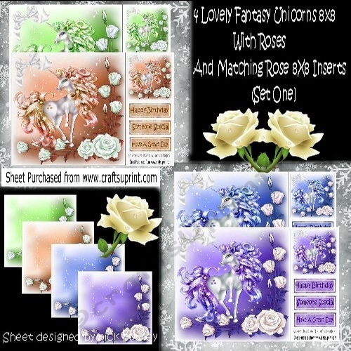 4 Lovely Fantasy Unicorns in rose 8x8 frame bumper kit (set one)
