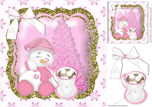 cute sleepy snowman with pink christmas tree and bow gold frame 8x8