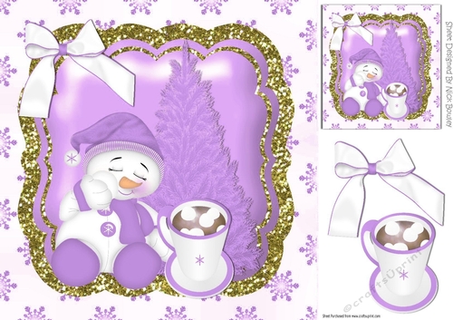 cute sleepy snowman with purple christmas tree and bow and gold frame 8x8