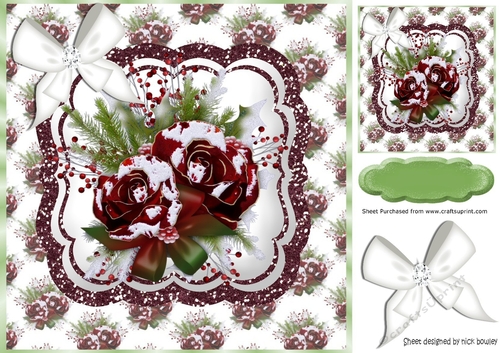 winter red roses with snow & white bow  8x8