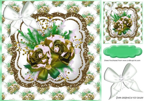 winter gold roses with snow & white bow  8x8