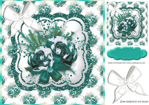 winter turq roses with snow & white bow  8x8