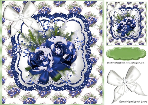 winter blue roses with snow & white bow  8x8