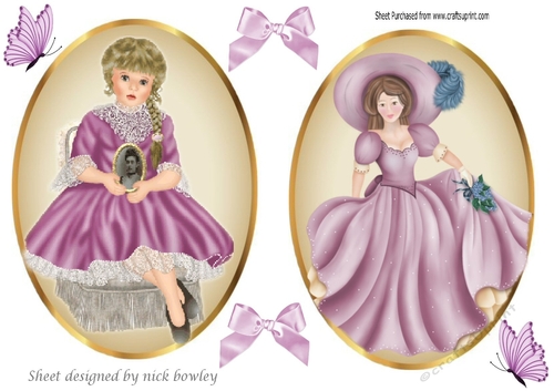 two lovely vintage lady & Girl Topper card front with satin bows