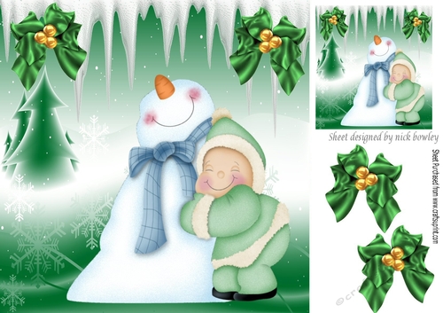 Cuddles with Mr Snowman With Mystical Frame & Green Bows 8X8