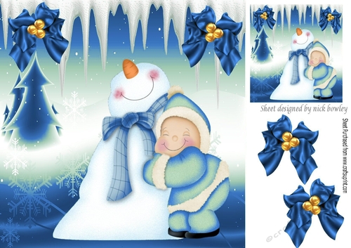 Cuddles with Mr Snowman With Mystical Frame & Blue Bows 8X8