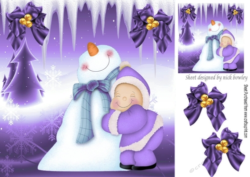 Cuddles with Mr Snowman With Mystical Frame & Purple Bows 8X8