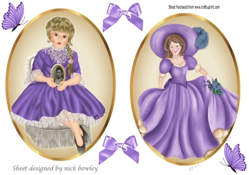 two lovely vintage lady & Girl Topper card front with purple satin bows