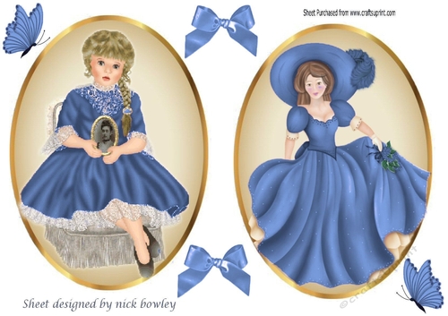 two lovely vintage lady & Girl Topper card front with blue satin bows