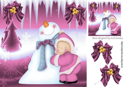 Cuddles with Mr Snowman With Mystical Frame & pink  Bows 8X8