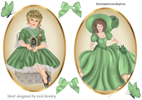 two lovely vintage lady & Girl Topper card front with green satin bows