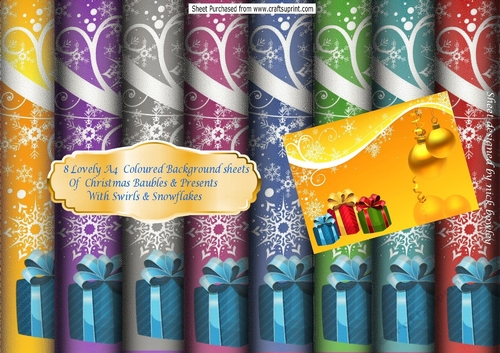 8 Lovely A4 Coloured Christmas Baubles , Swirls & Snowflakes Background Papers