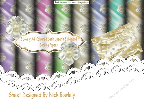 8 Lovely A4 Coloured  Satin, pearl emb with diamante Effect Backing Papers