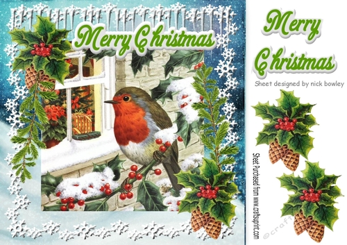 Lovely robin in the snow with cones & holly 8x8
