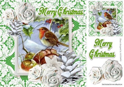  robin in the snow with winter white roses and cones  on lace 8x8