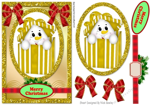 snowman in a gold box with bows in glitter frame with topper