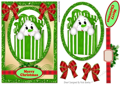 snowman in a green box with bows in glitter frame with topper