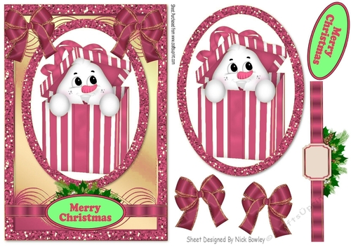 snowman in a pink box with bows in glitter frame with topper
