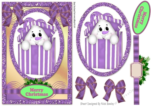 snowman in a purple box with bows in glitter frame with topper