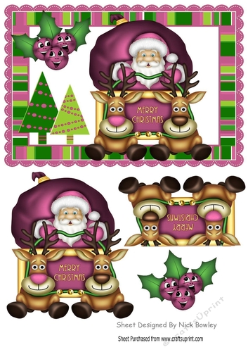 Here we go! off in my sleigh, with reindeers & pink toony holly