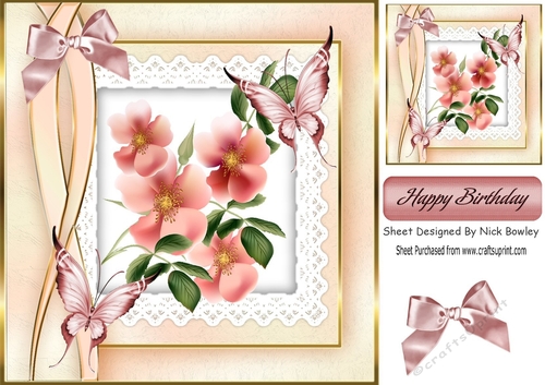pretty peach flowers with butterflies on lace 8x8