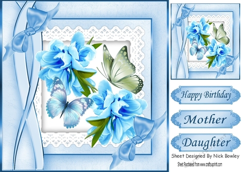 Pretty blue flowers with butterflies on lace with bows 8x8