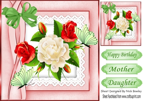 Pretty red/white roses with butterflies on lace with bow 8x8