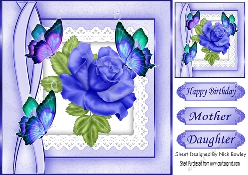 pretty blue rose with butterflies on lace & ornate frame 8x8