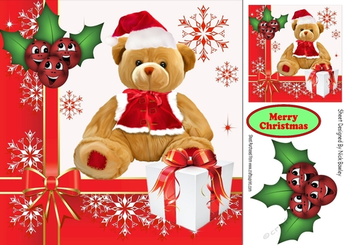 Cute teddy bear in santa hat with present 8x8