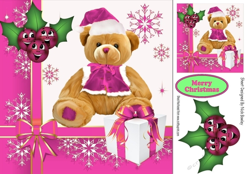 Cute teddy bear in cerise santa hat with present 8x8