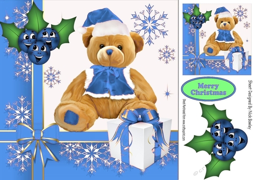 Cute teddy bear in blue santa hat with present 8x8
