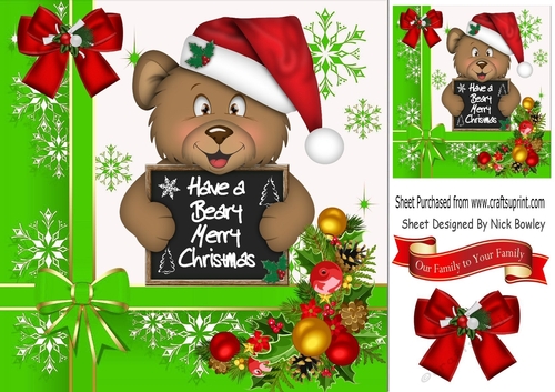 A Beary Merry Christmas in santa hat with holly 8x8 (Green)
