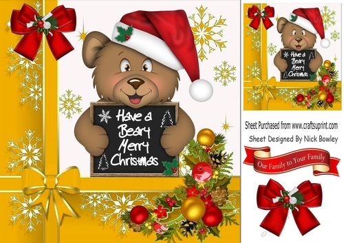 A Beary Merry Christmas in santa hat with holly 8x8 (Gold)