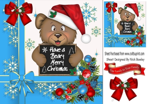 A Beary Merry Christmas in santa hat with holly 8x8 (Blue)