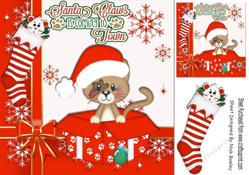 Kitty & mouse hiding from santa in box and stocking 8x8
