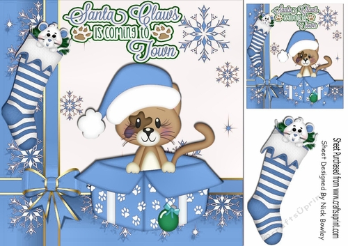 Kitty & mouse hiding from santa in box and stocking (blue) 8x8