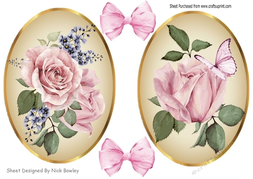 two lovely blush pink roses toppers/card fronts with organza bows
