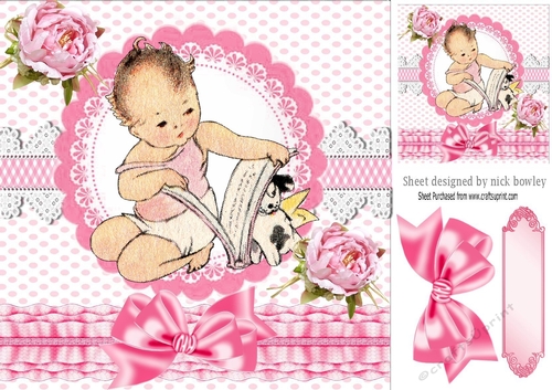 cute vintage baby girl with book & puppy, lace & bow 8x8