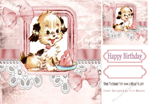 cute puppy with blancmange ,bows & lace 8x8