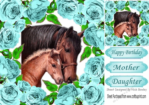 pretty horses framed with turq roses 8x8