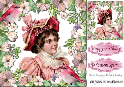 pretty vintage lady in floral frame with birds 8x8
