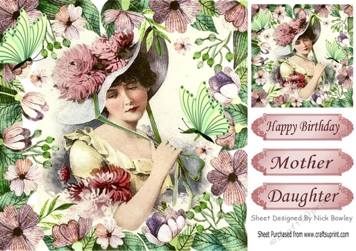 pretty vintage lady in floral frame with butterflies 8x8