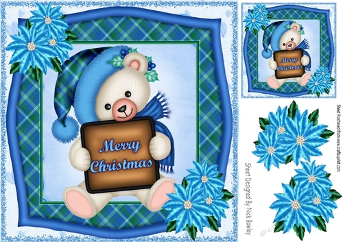 lovely blue tartan bear with poinsettias 8x8