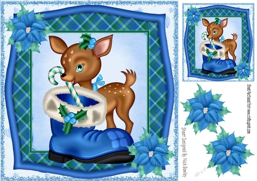 lovely blue tartan frame with  reindeer & poinsettias 8x8