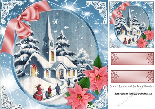 Lovely snow scene of a church with poinsettias 8x8
