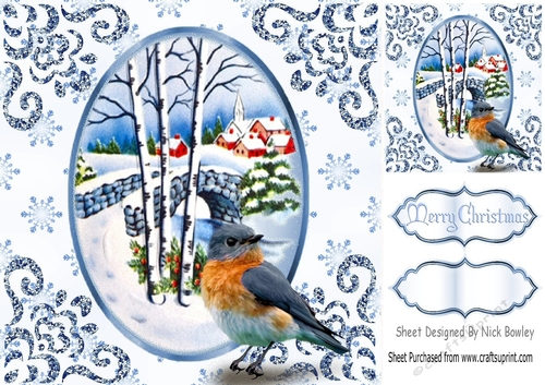Village in the snow with bridge and robin 8x8